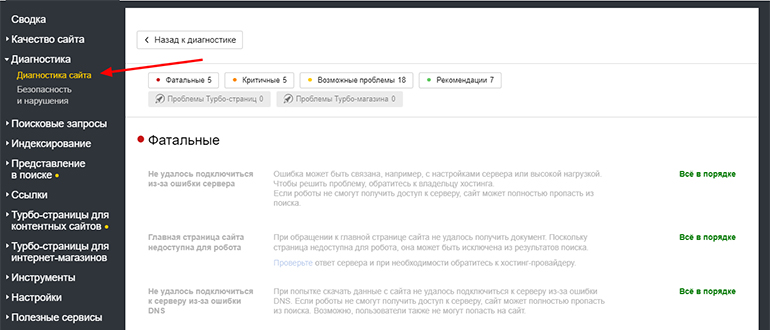 Яндекс Вебмастер диагностика сайта